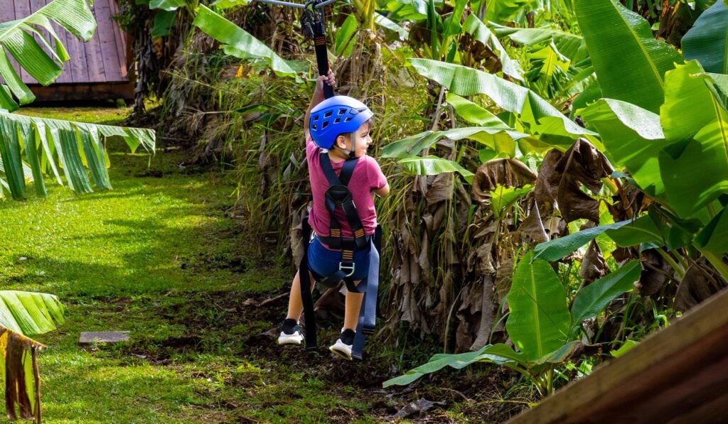 A child in a blue helmet and secured harness prepares to launch on a zipline surrounded by tropical banana plants