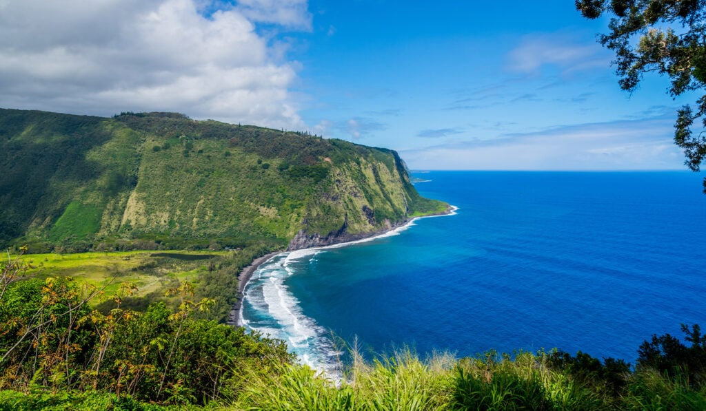 Aerial view of the Hāmākua Coast sea cliffs and black-sand cove on the scenic Highway 19 drive from Kona to Hilo
