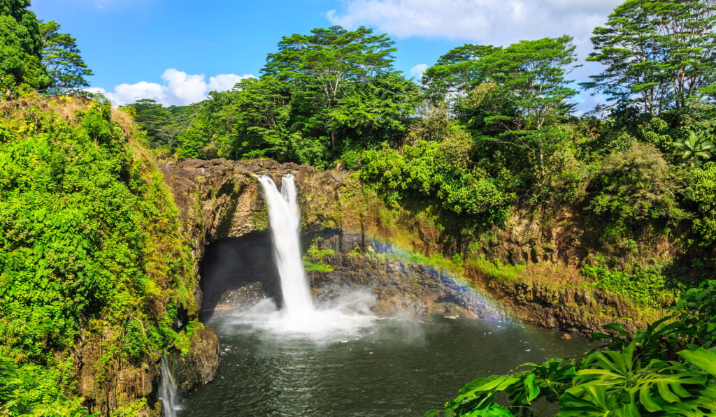Rainbow Falls (Waiānuenue) in Hilo dropping in twin cascades over a basalt lava shelf, with a rainbow arcing across the plunge pool